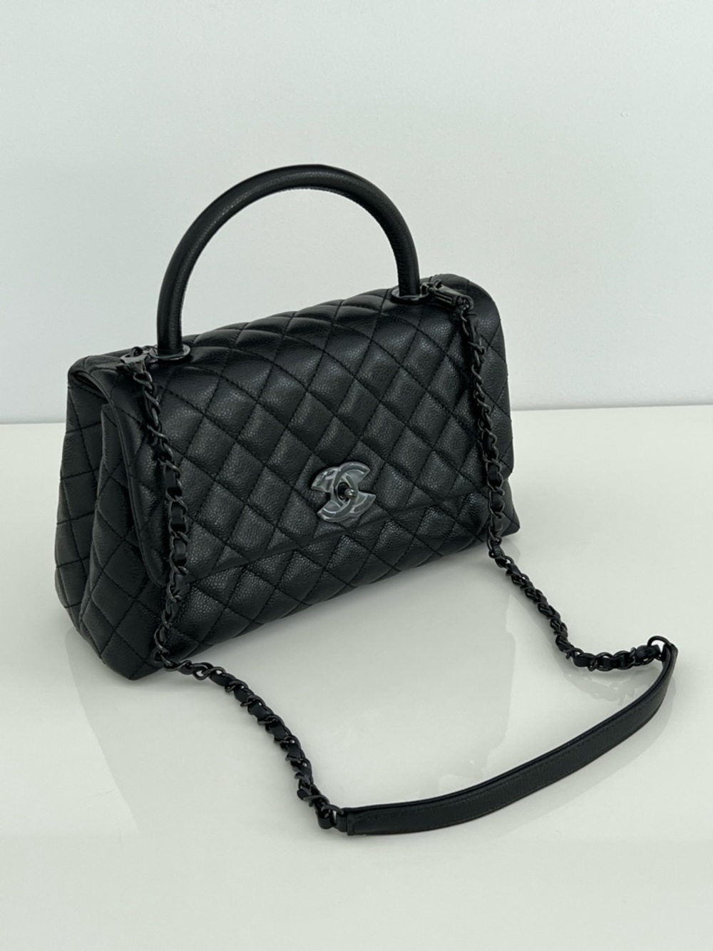 CHANEL 20A RARE BLACK ON BLACK MEDIUM FLAP BAG WITH HANDLE & SHOULDER STRAP NWTS